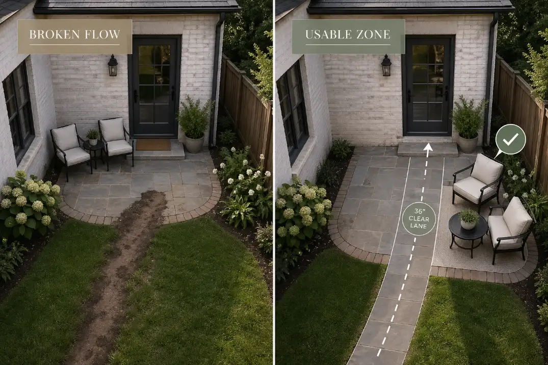 Premium before-and-after backyard graphic showing broken flow changed into a clear walking route and usable seating zone.