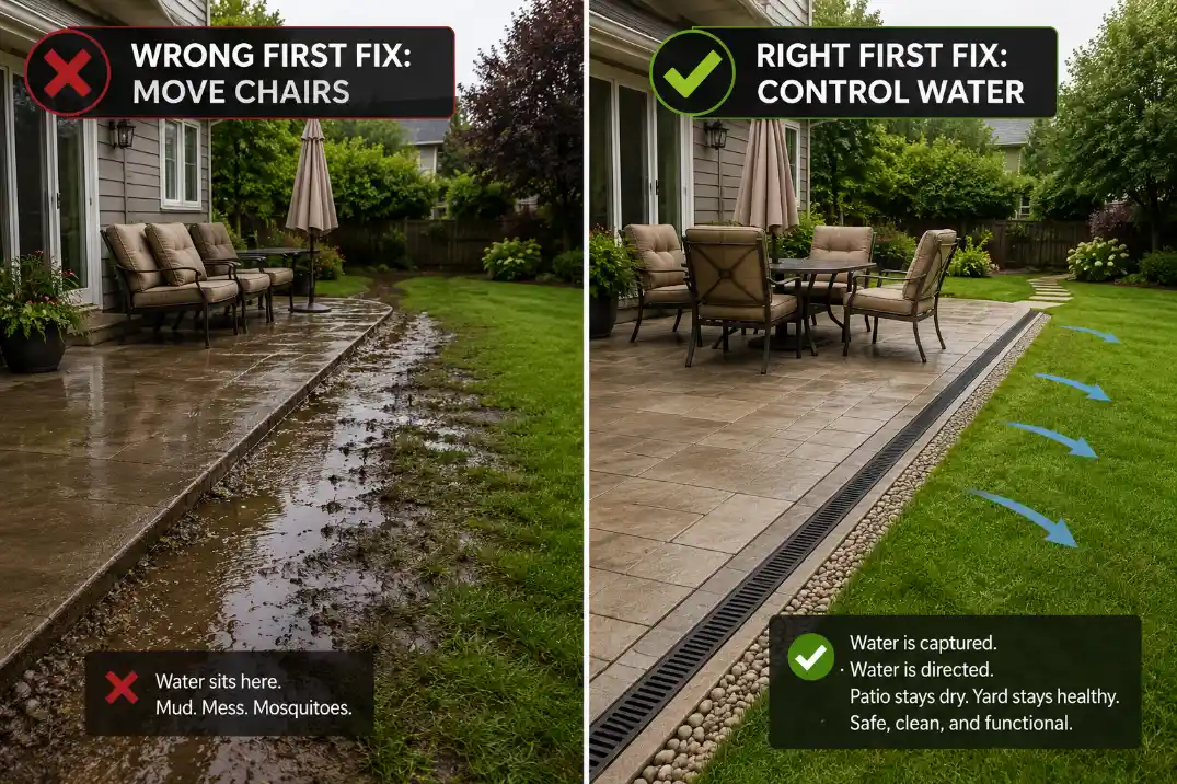 Premium before and after visual showing a wet patio edge fixed by controlling water before rearranging furniture.