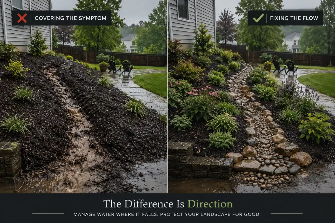 Premium comparison showing mulch washing out on a slope versus corrected drainage with a swale, stone apron, and stabilized planting.