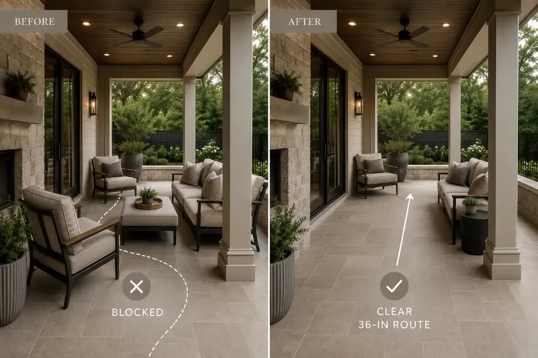 Before and after covered patio layout showing furniture moved away from the door and post to clear a 36-inch walking route.