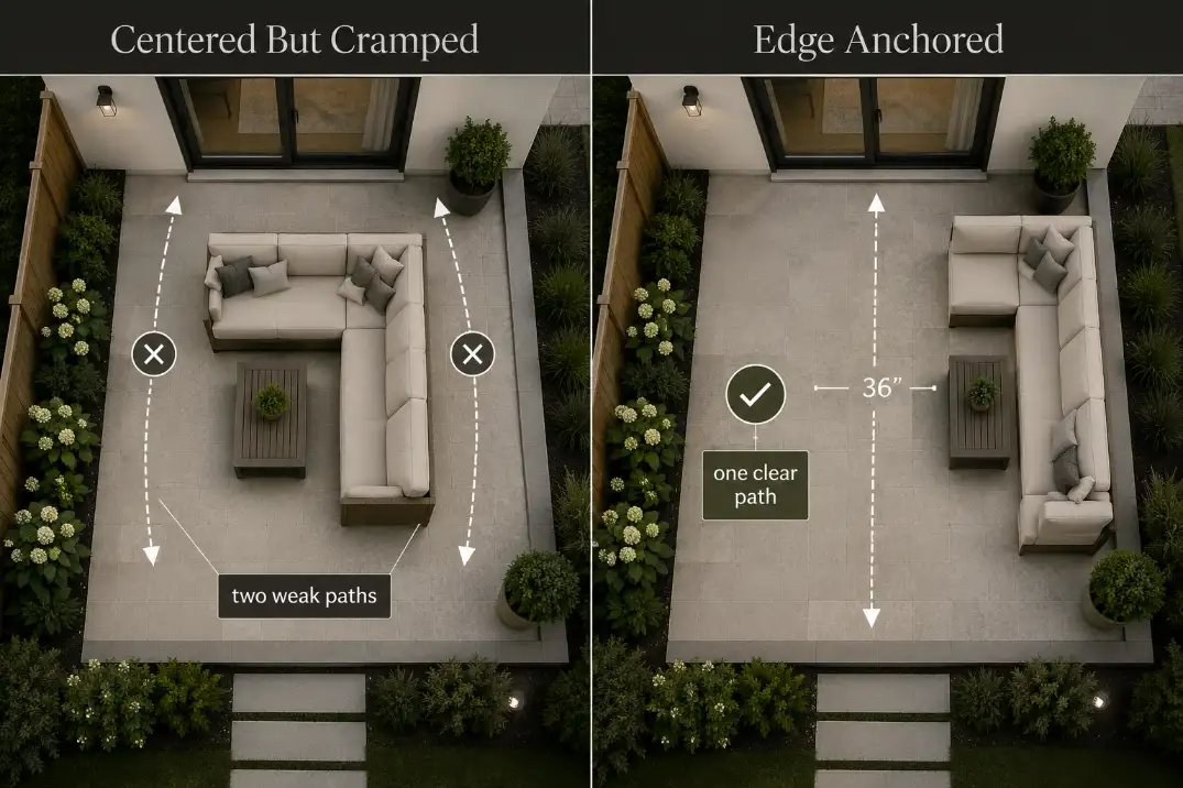 Premium comparison visual showing a centered small patio sectional creating two cramped paths versus an edge-anchored sectional with one clear route.