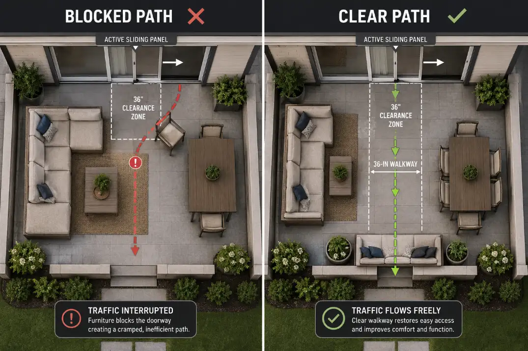 Premium comparison graphic showing blocked and corrected patio furniture layouts outside sliding glass doors.