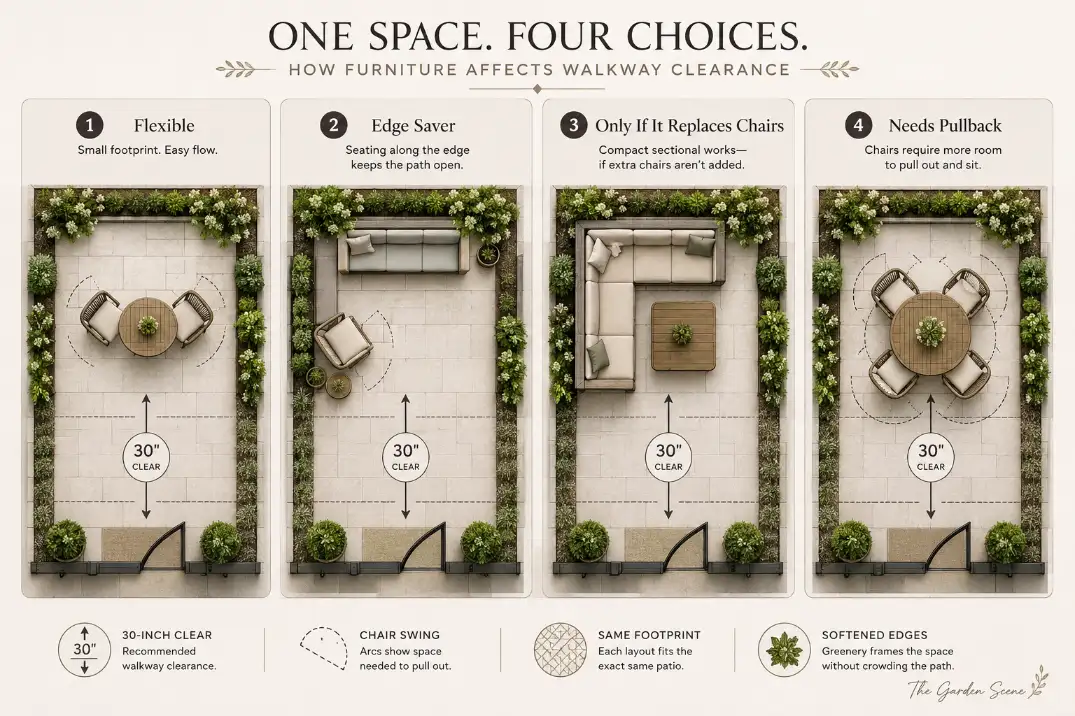 Premium comparison graphic showing patio furniture footprints for bistro, bench, sectional, and dining layouts with clearance symbols.