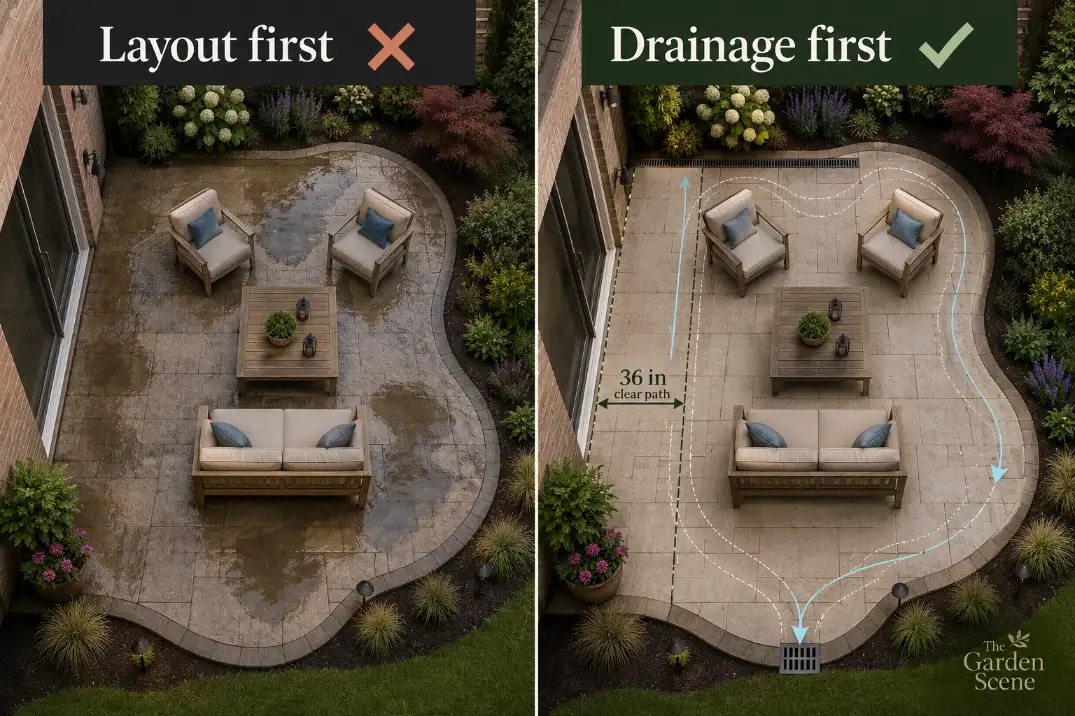 Comparison visual showing layout first failing over wet patio areas and drainage first creating a dry 36 inch path