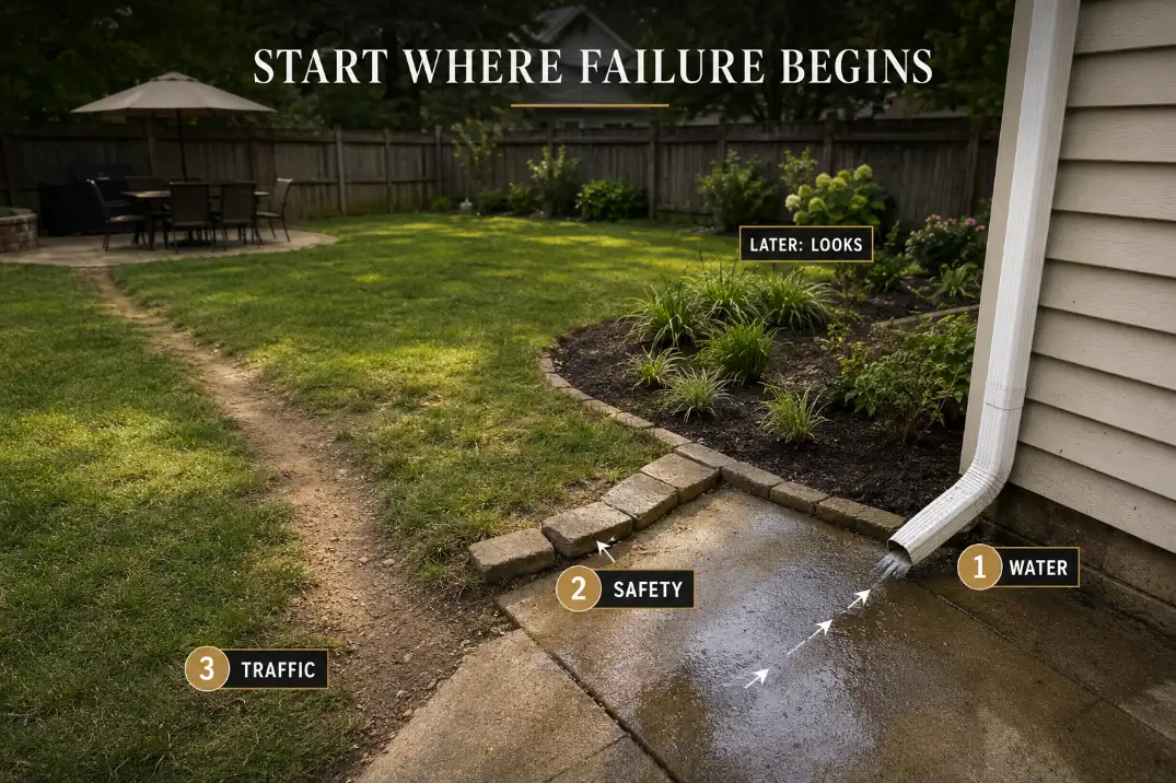 Premium backyard repair priority ladder showing water, safety, repeat failure, and cosmetic fixes in order.