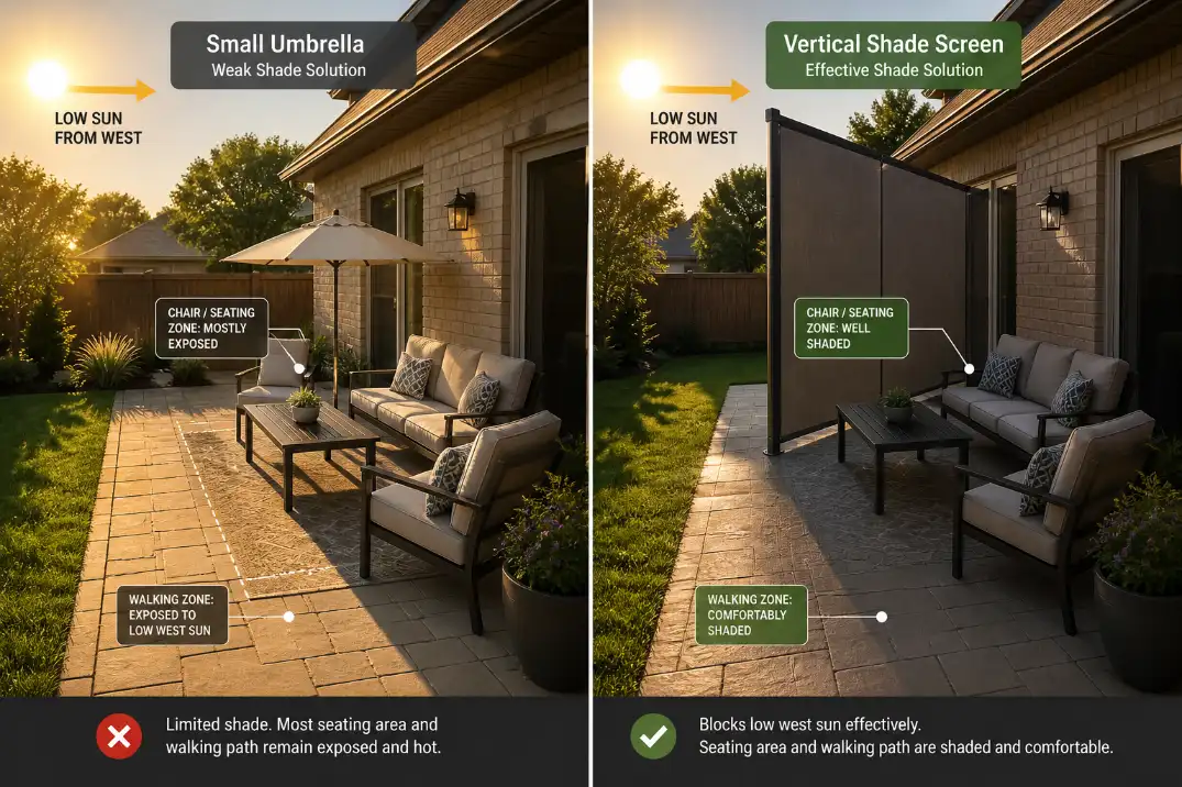 Comparison of weak overhead patio shade and targeted west-side shade that cools the seating and walking area.