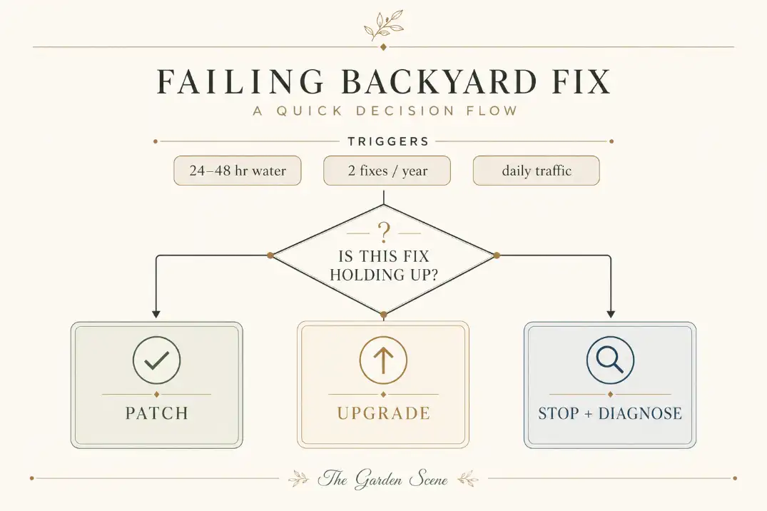 Premium decision diagram showing when to patch, upgrade, or stop and diagnose a cheap backyard fix using water, repeat repair, and daily traffic thresholds.