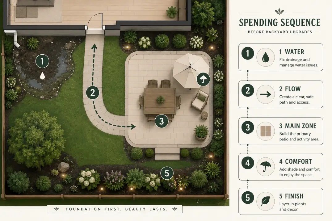 Premium backyard planning diagram showing the spending order from water and flow to main zone, comfort, and finish.