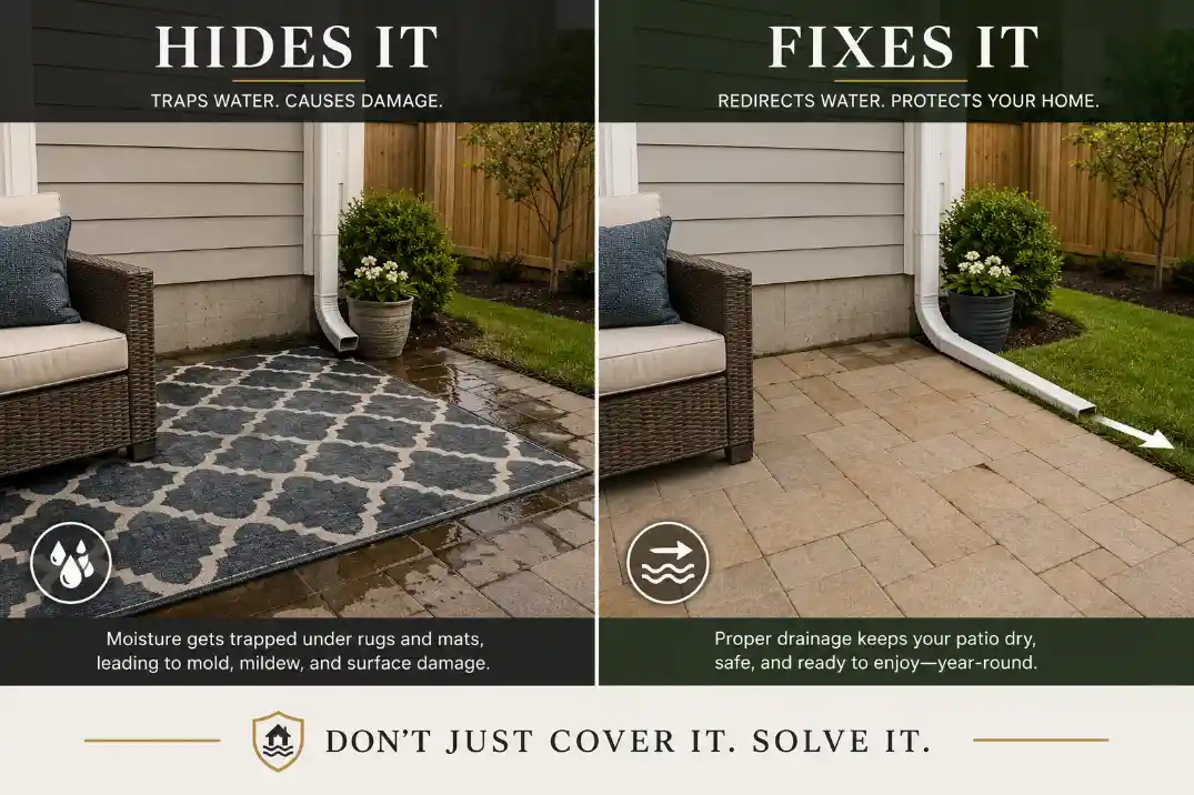 Premium comparison graphic showing an outdoor rug hiding a damp patio problem versus redirected water fixing the issue.
