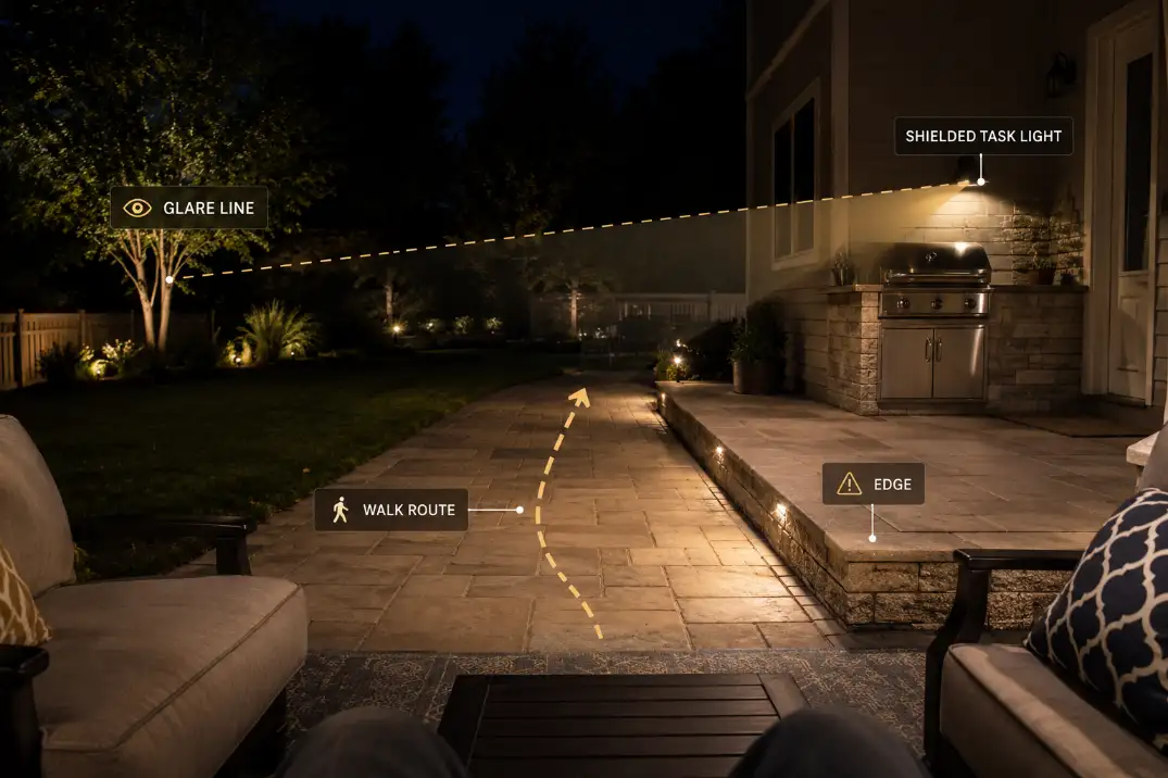 Backyard patio lighting placement test showing the walk route, patio edge, and glare line from seated eye level.