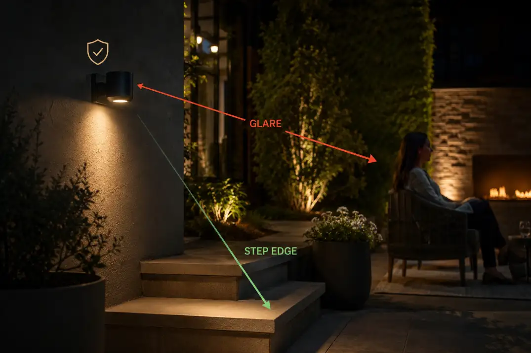 Premium backyard wall light overlay showing glare aimed outward and correct downward light on the patio step edge