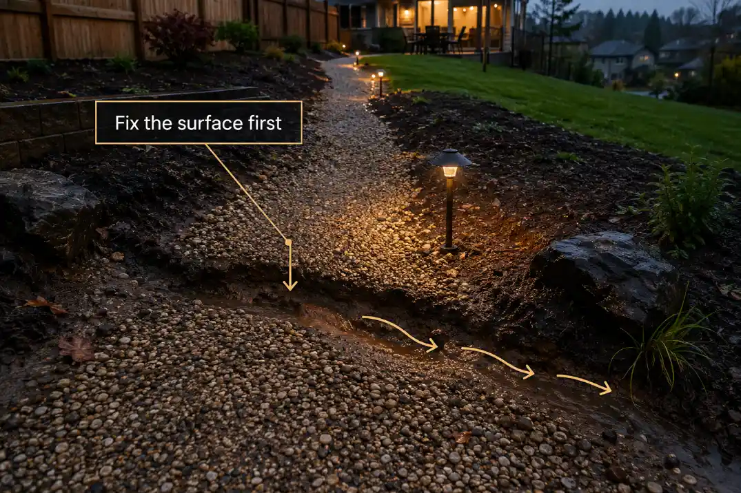 Sloped backyard gravel path with a highlighted washed-out rut and label showing the surface should be repaired before adding more lights