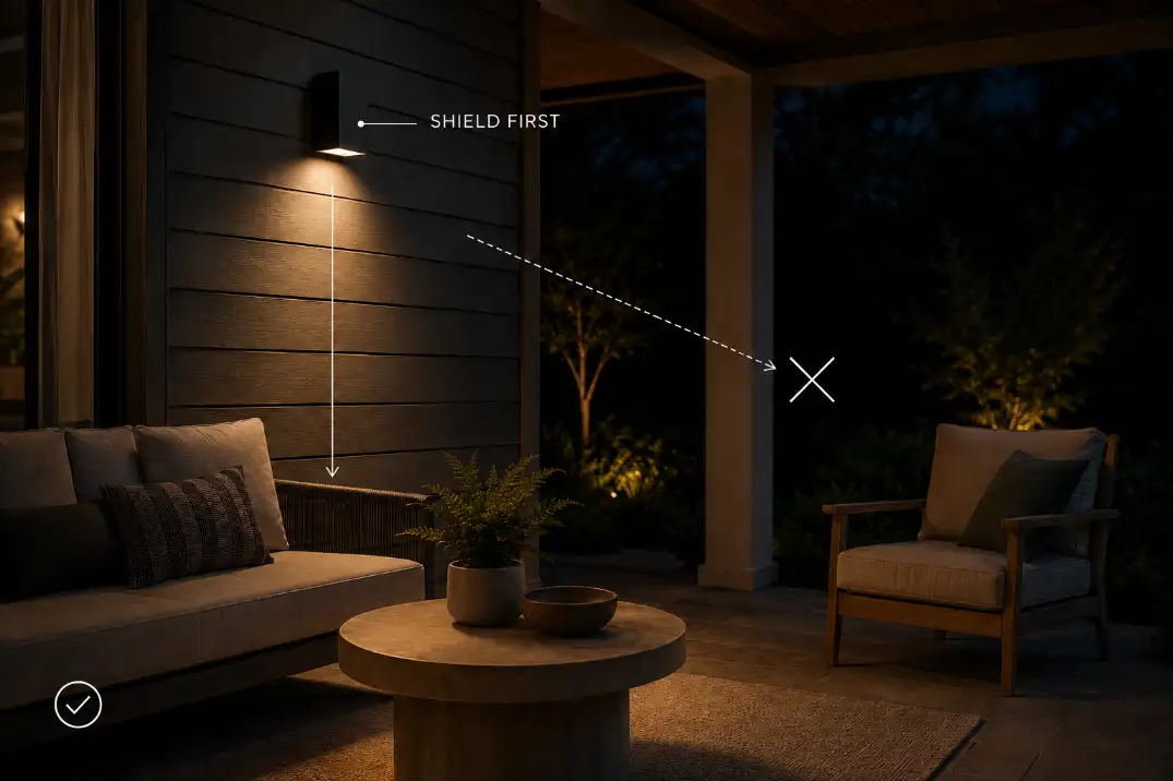 Shielded patio sconce with overlay showing light directed downward instead of into seated eye level