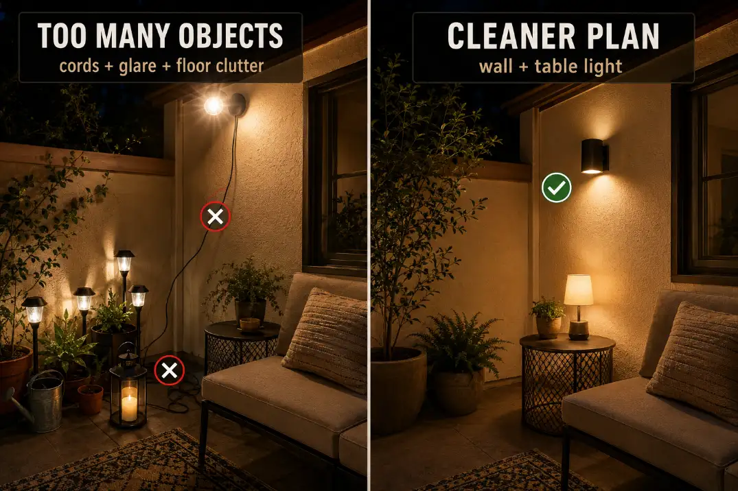 Premium comparison graphic showing cluttered patio lighting versus a cleaner small patio lighting plan with fewer visible fixtures.