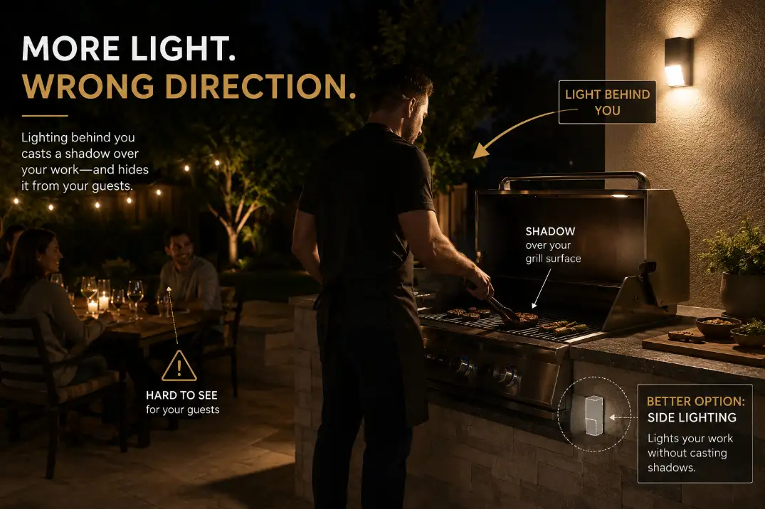 Backyard grill lighting graphic showing a wall light behind the cook casting a shadow and a corrected side-light position.