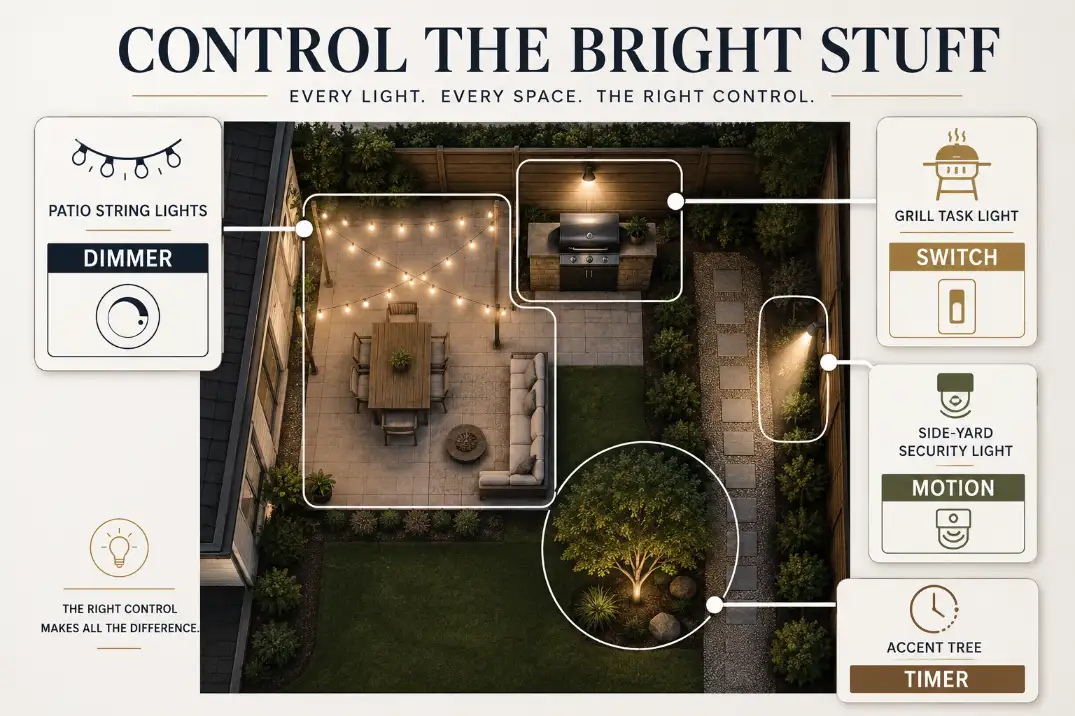 Premium backyard lighting control diagram showing dimmer, switch, motion, and timer zones for different outdoor lighting jobs.