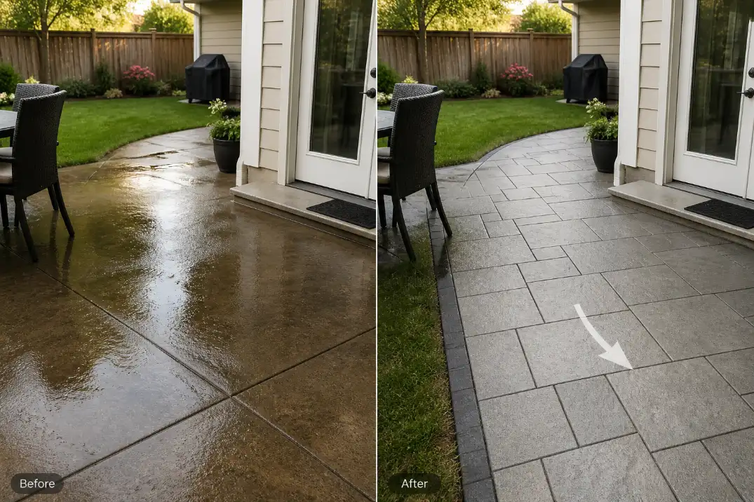 Before and after patio showing glossy slippery concrete replaced with a textured paver walking route for family use.