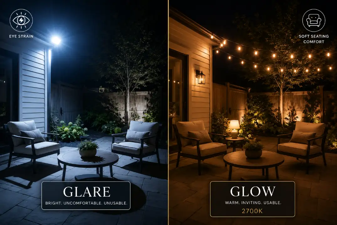 Premium comparison graphic showing harsh patio glare versus warm layered glow with readable labels and comfort symbols.