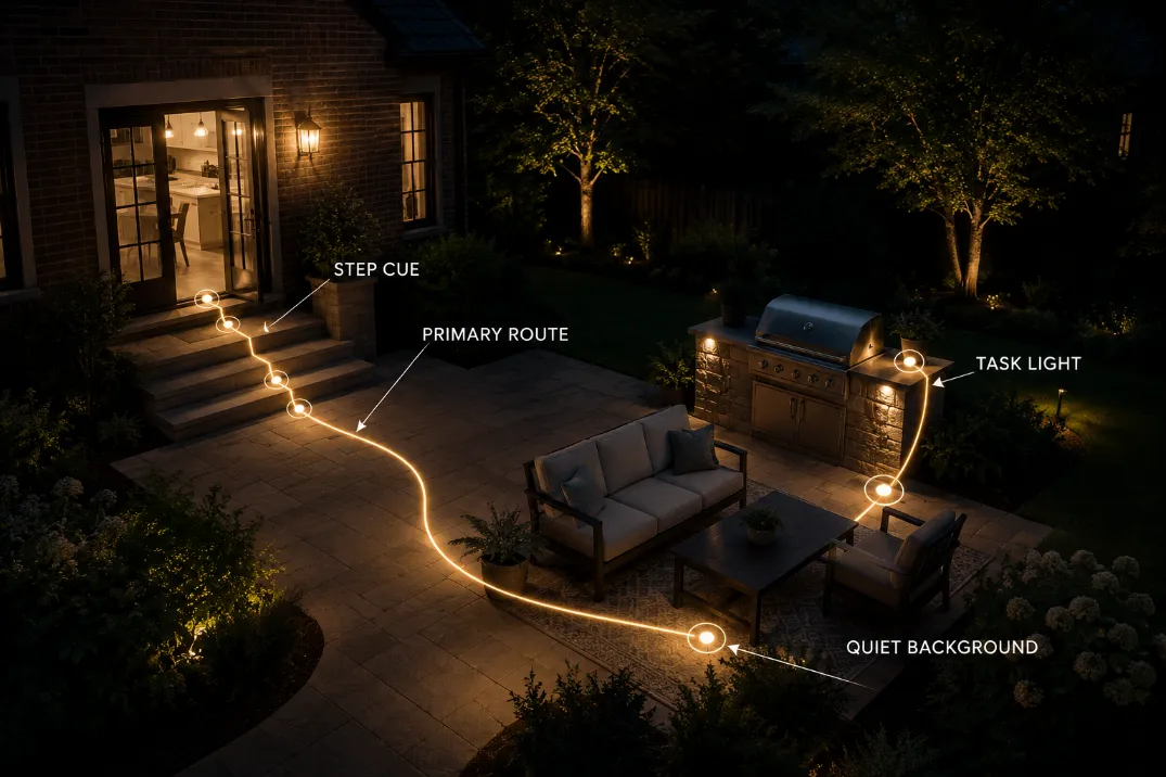 Premium backyard lighting plan showing the primary route, step cue, task light, and quiet background instead of overlighting the whole yard