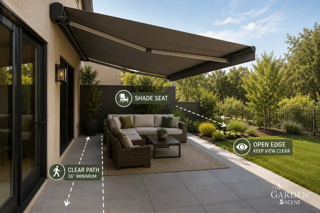 Small patio with a high wall-mounted awning, clear 36-inch door path, and open sightline showing a better shade layout.