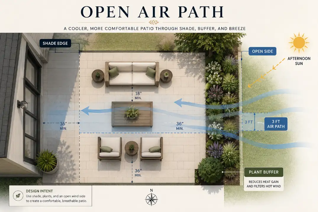 Premium backyard layout diagram showing shade edge, 3-foot airflow path, plant buffer, and open side for breeze.