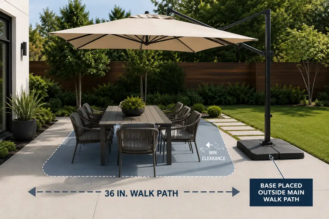 Premium patio shade placement graphic showing a cantilever umbrella base outside a 36-inch walking path around an outdoor dining table.