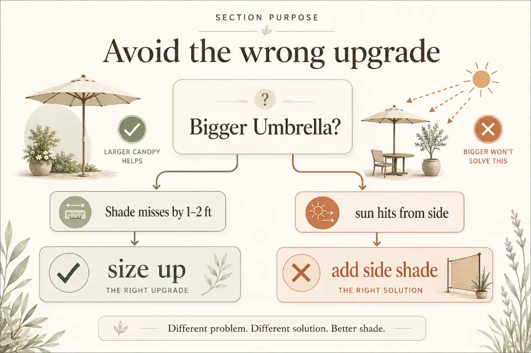 Premium decision diagram showing when to size up a patio umbrella versus add side shade