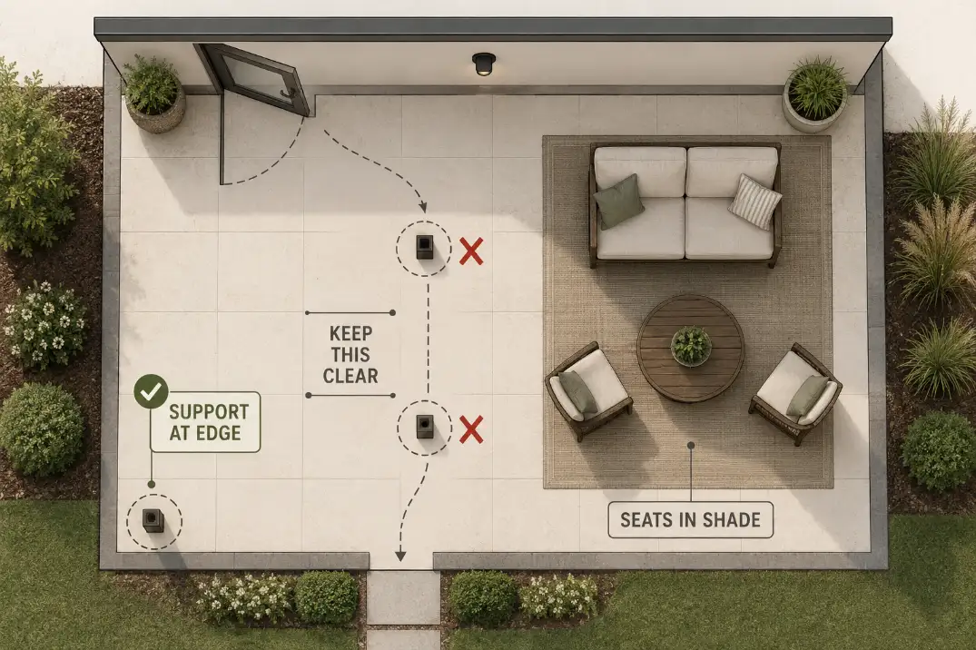 Small patio shade placement diagram showing support at the edge while the walking path and seating zone stay clear