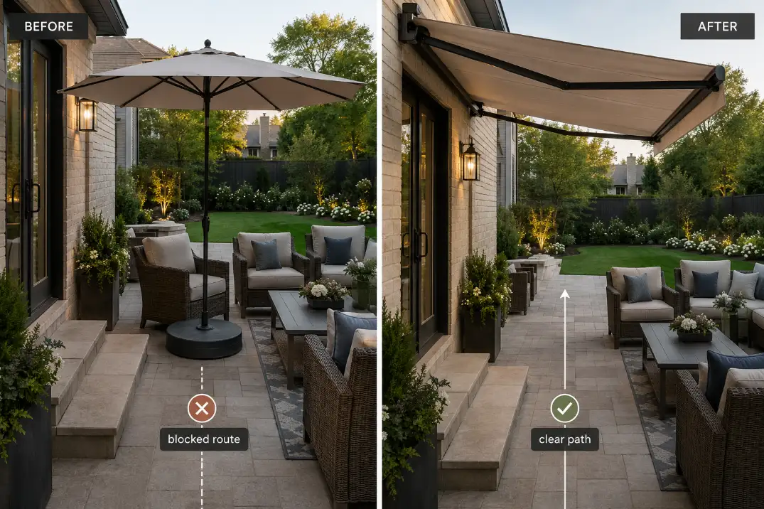 Premium before and after patio shade layout showing a blocked route replaced by wall-mounted shade and a clear path