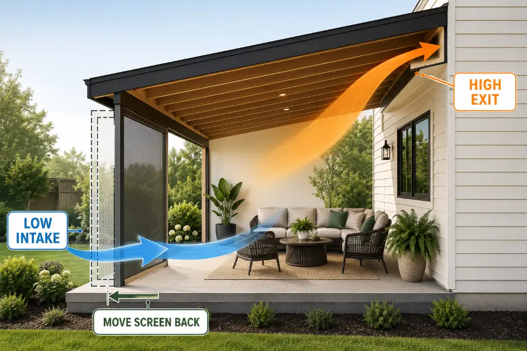 Premium airflow diagram showing low cool-air intake and high warm-air exit path for a covered patio.
