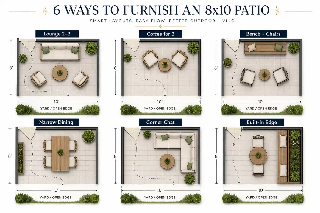 Six labeled 8x10 patio floor plans showing open furniture layouts for lounging, coffee seating, dining, bench seating, corner seating, and built-in seating.