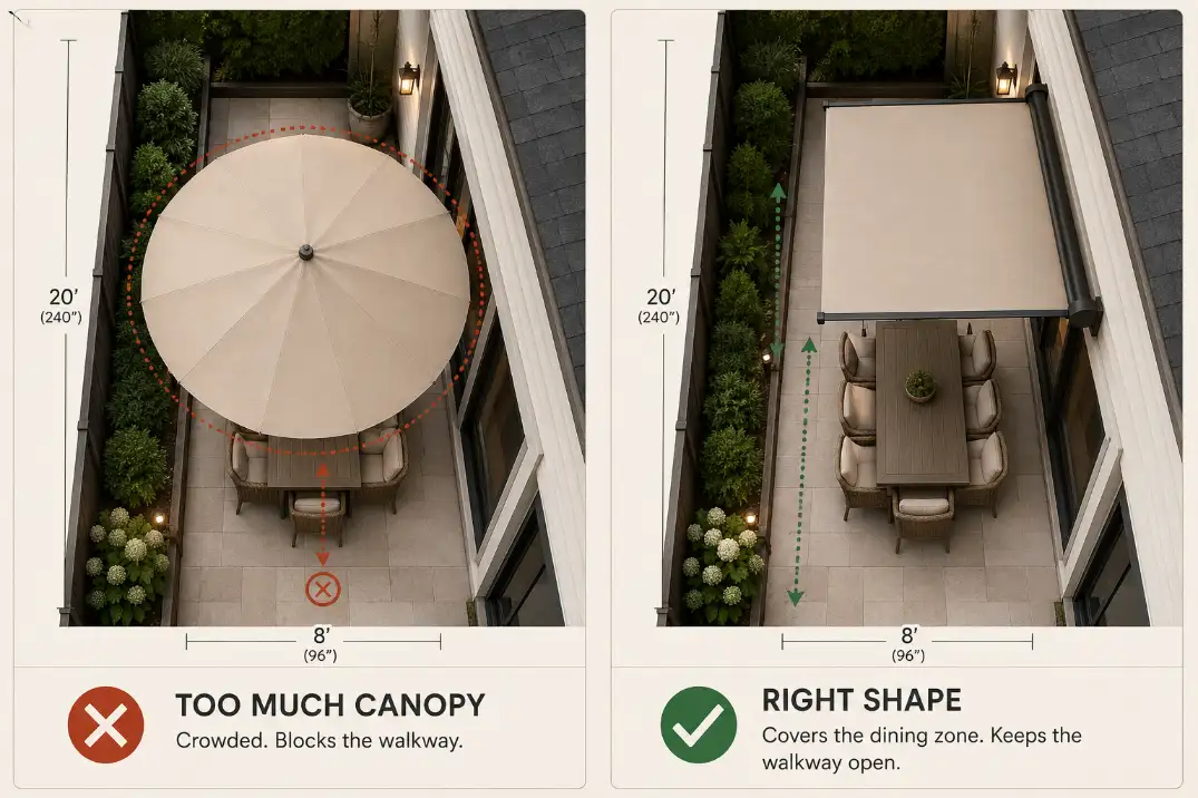 Premium comparison graphic showing an oversized round umbrella crowding a narrow patio versus rectangular wall-mounted shade fitting the space better