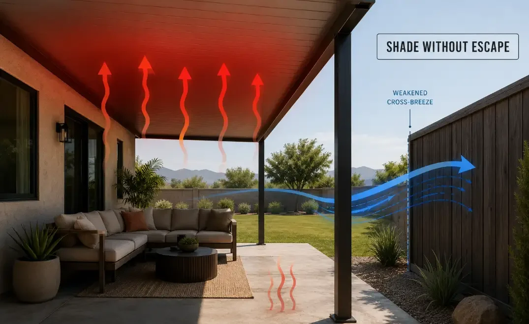 Premium patio airflow graphic showing trapped warm air under a low covered patio shade structure.