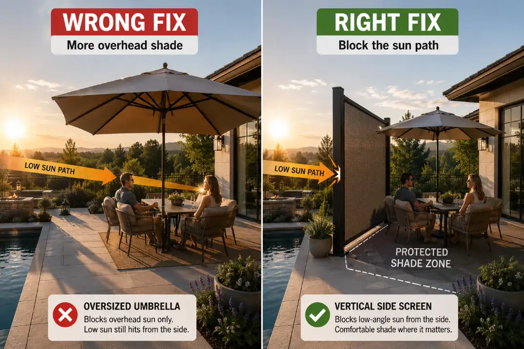 Comparison of a patio with more overhead shade that still fails against low side sun versus a side screen that blocks the sun path.