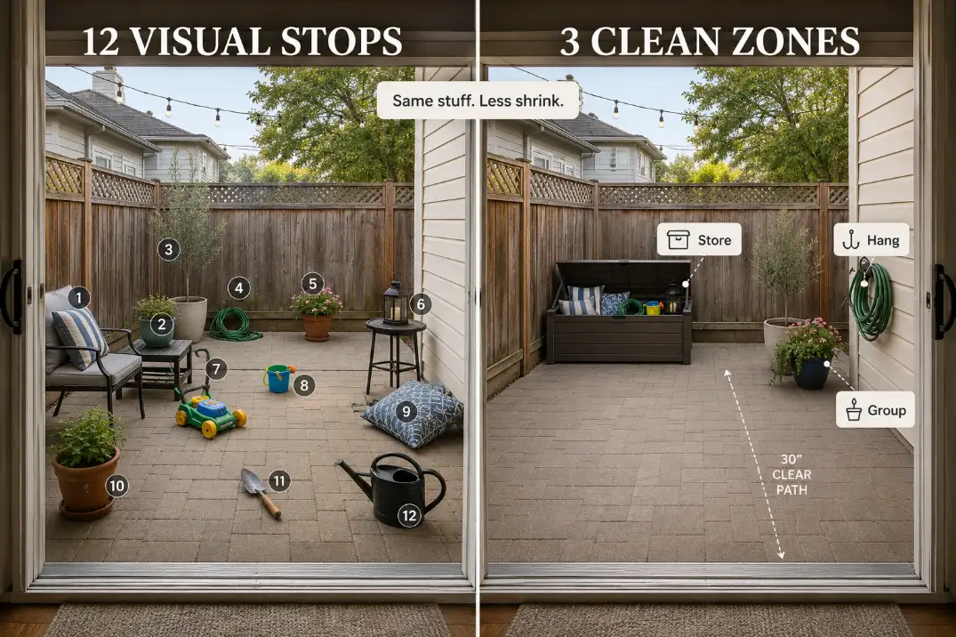 Before and after backyard patio showing scattered clutter consolidated into storage, wall hanging, and grouped planters.