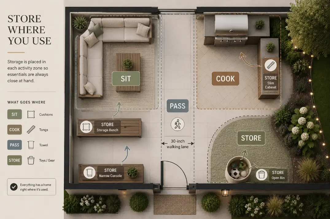 Top-down patio diagram showing storage assigned to seating, grill, walkway, and garden zones with a clear 30-inch path.