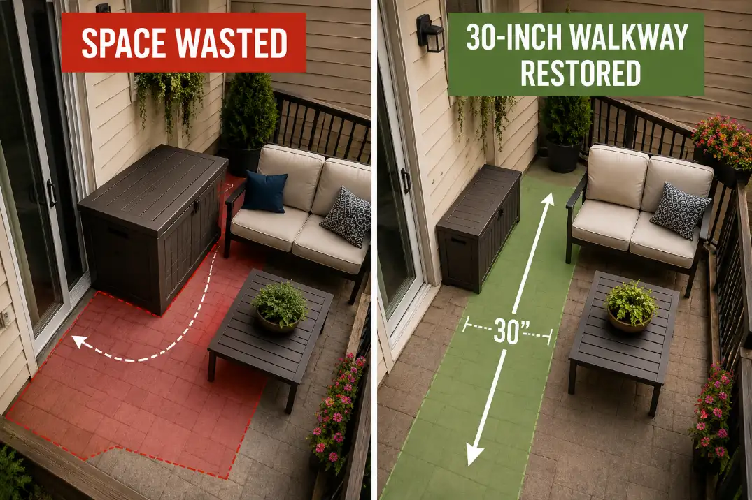 Before-and-after patio storage layout showing an oversized deck box blocking the walkway and a slimmer storage box placed along the wall to restore a clear 30-inch path.
