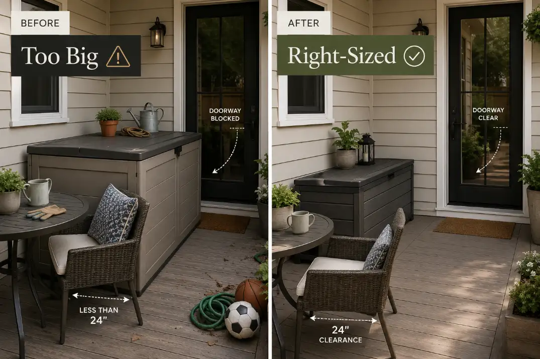 Before and after patio showing oversized storage blocking movement and right-sized storage restoring usable space.