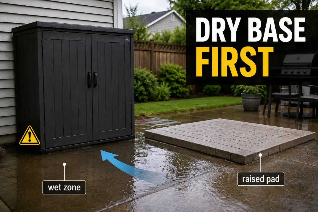 Outdoor storage cabinet beside pooled rainwater on a patio.