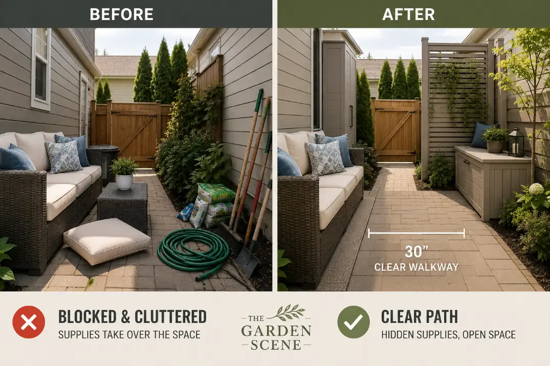 Before and after backyard patio showing hidden tools and supplies with a clear 30-inch walking path.