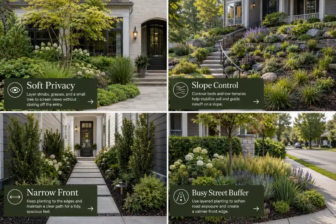 Four-panel front yard landscaping collage showing soft privacy planting, slope control landscaping, a narrow front yard layout, and a busy-street buffer planting idea.