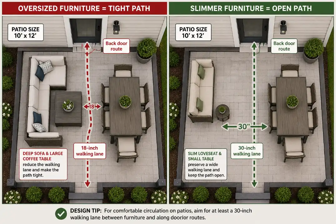 Comparison of oversized and compact patio furniture showing how seating depth affects the walking lane on a 10x12 patio.