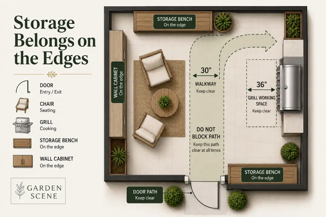 Small patio storage diagram showing edge storage, a 30-inch walkway, 36-inch grill space, and shaded no-block zones.