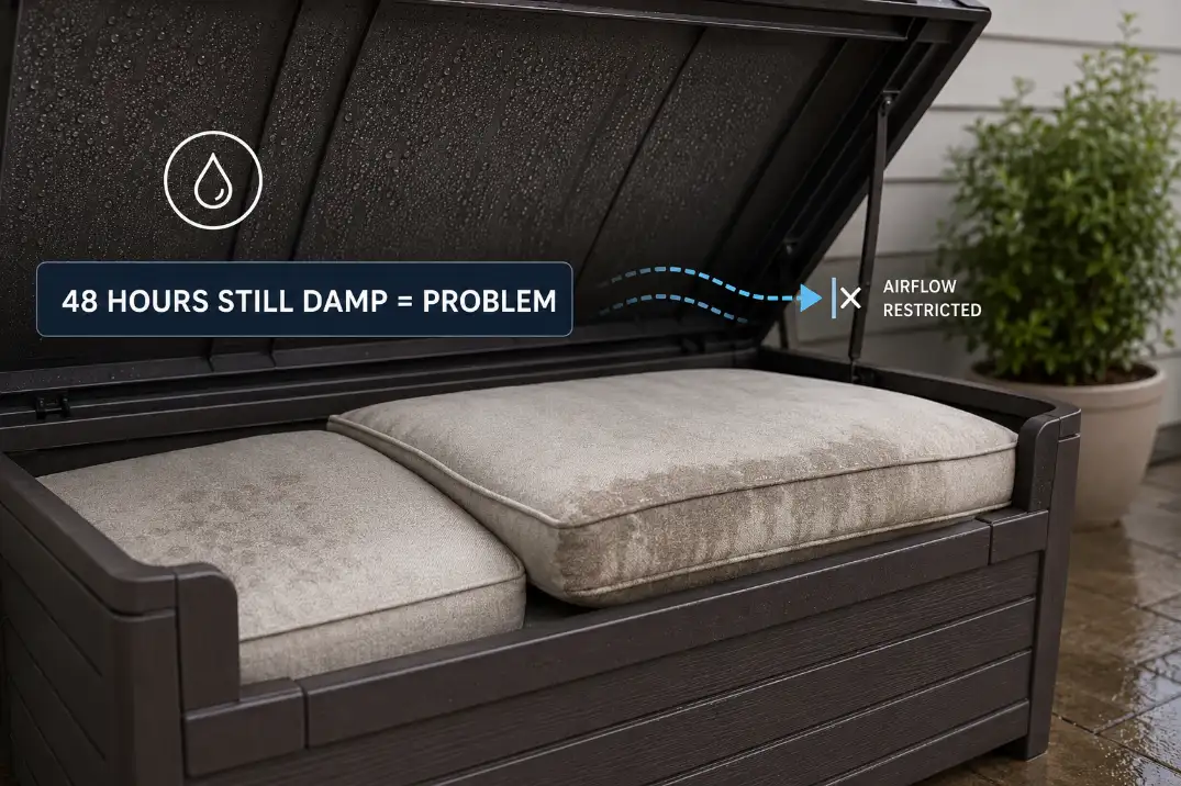 Damp cushions inside an outdoor storage bench with airflow overlay showing trapped moisture after rain