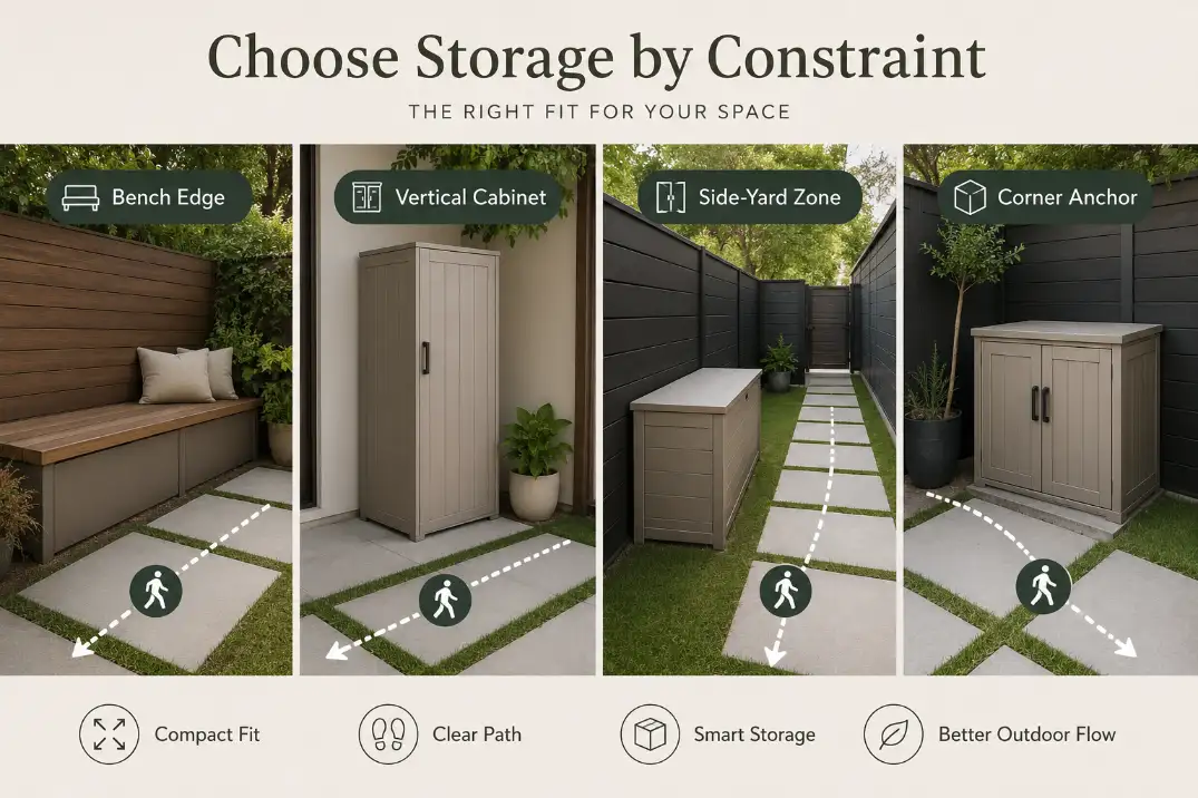 Four-panel backyard storage comparison showing bench storage, vertical cabinet storage, side-yard storage, and corner anchor storage.