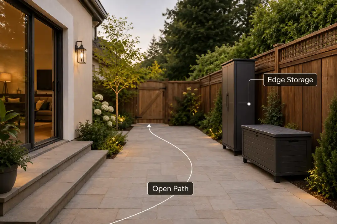 Small backyard storage placed along the fence line to keep the walking path open.