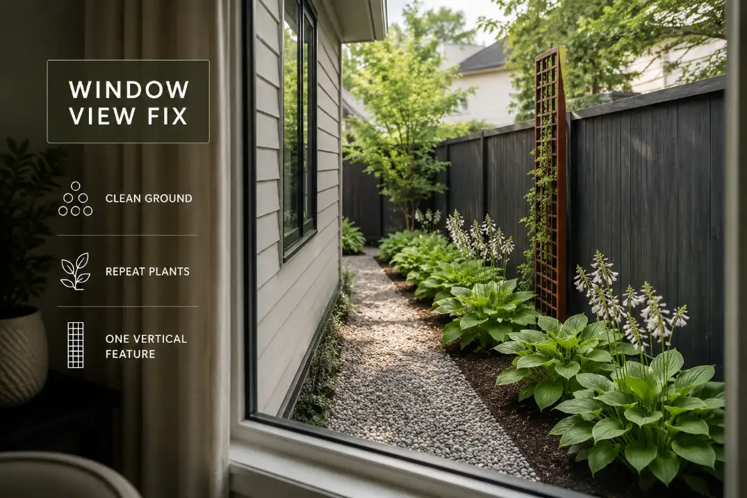 Side yard viewed from indoors with gravel, repeated shade plants, and a clean fence surface.