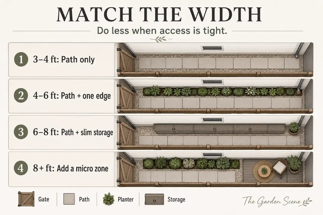 Width-based side yard layout diagram showing path-only, one-edge, slim storage, and micro-zone options.
