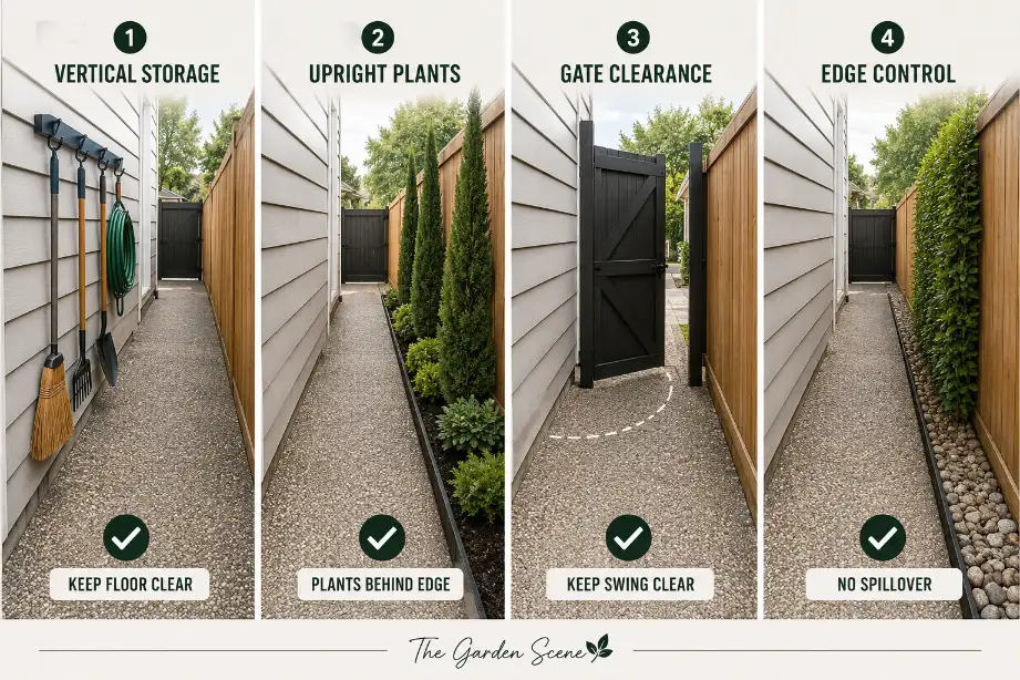 Four narrow side yard layout fixes showing vertical storage, upright plants, open gate clearance, and controlled path edging.