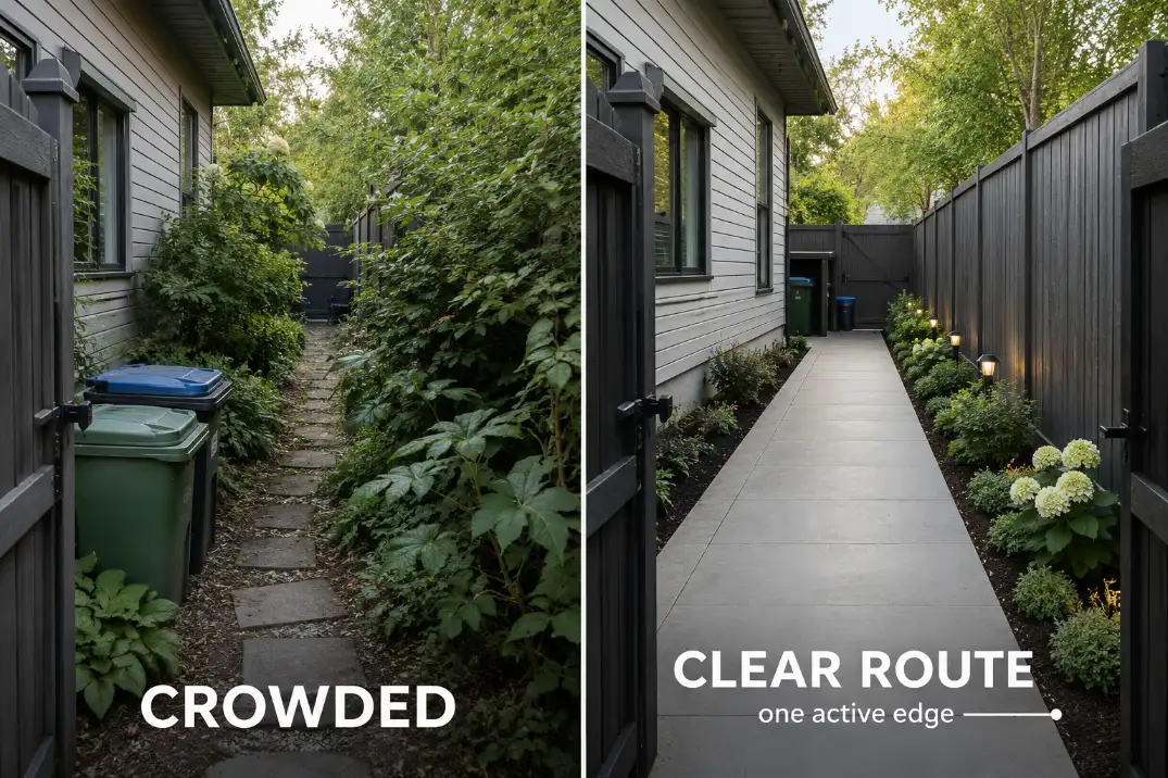 Before and after side yard design showing an overplanted cramped route changed into a clear walkway with one active planted edge.